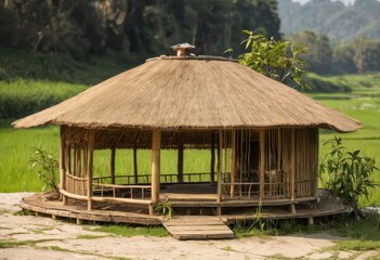 a bamboo hut with a thatched roof in a field