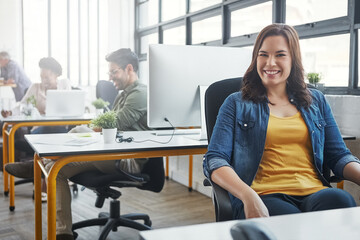 Workspace, business woman and portrait with smile, creative or journalist with ideas. Office, female designer or content editor with planning, article goals or story angle for news publication