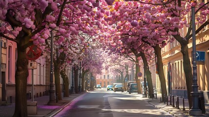 Cherry blossoms on city street : Generative AI