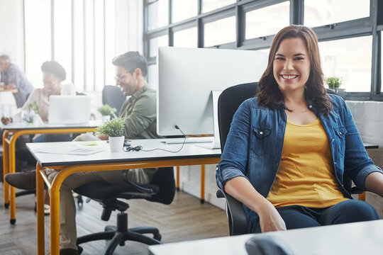 Workspace, business woman and portrait with smile, creative or journalist with ideas. Office, female designer or content editor with planning, article goals or story angle for news publication