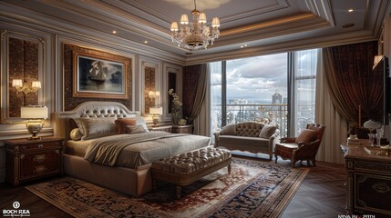 A luxurious bedroom with a large bed, a couch, and a chair. The room is decorated with a chandelier and a painting on the wall. Scene is elegant and sophisticated