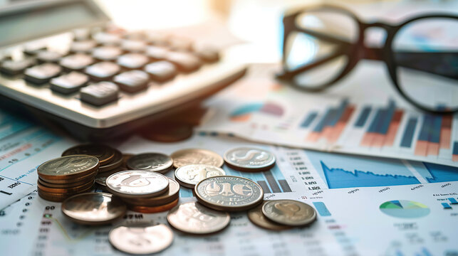 composition of coins, a calculator and glasses on top of financial charts with graphs