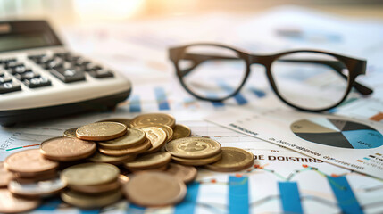 composition of coins, a calculator and glasses on top of financial charts with graphs