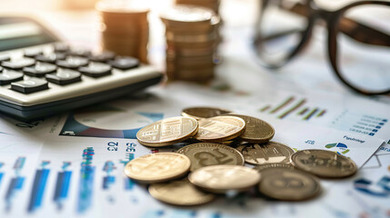 composition of coins, a calculator and glasses on top of financial charts with graphs