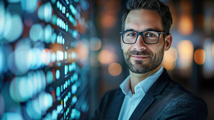 Portrait of a handsome businessman in a suit and glasses standing against a digital data background