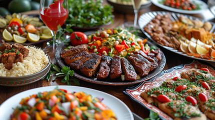 Obraz premium A close-up view of a table laden with a variety of traditional Ramadan dishes, including rice, grilled meat, and salads