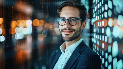 Portrait of a handsome businessman in a suit and glasses standing against a digital data background