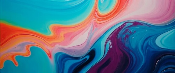 Colorful psychedelic flowing liquid wet paint swirls abstract background. Artistic vibrant colors rainbow paint flows. Bright wallpaper art illustration header concept.	