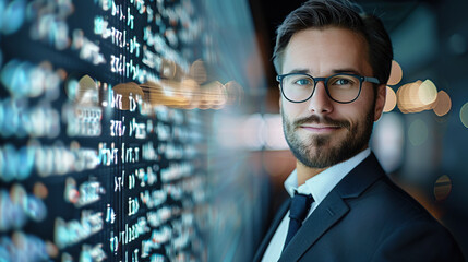 Portrait of a handsome businessman in a suit and glasses standing against a digital data background