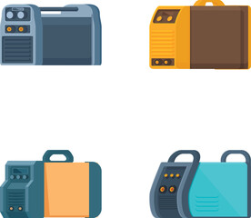 Collection of four cartoonstyle portable generators in various colors and designs