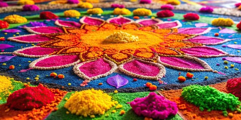 A vibrant rangoli design with colorful powders and flower petals, created on a traditional Indian floor, rangoli, rangoli design, colorful powders, flower petals, traditional, Indian floor