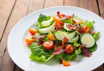 a white plate topped with a salad on top of a wooden table