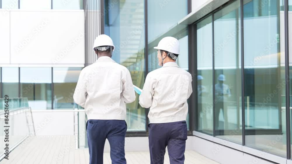 Poster group of multinational engineers walking through a building