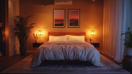 A bedroom with a bed, nightstand, and a potted plant. The room is dimly lit, creating a cozy and relaxing atmosphere