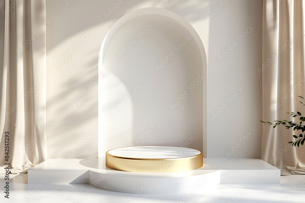 Poster 3d render, abstract minimal geometric forms. glossy golden podium for your design, 3d rendering plat