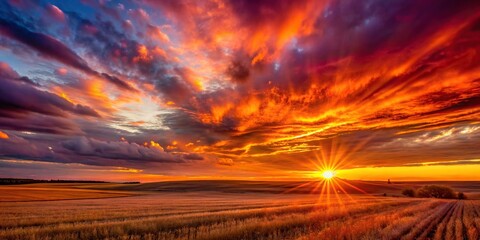 A fiery sunset paints the sky with vibrant hues of orange, red, and purple, casting long shadows across the golden fields of Saskatchewan, creating a stunning sunburst effect, Saskatchewan