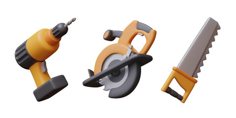 Cordless electric drill, circular saw, hand saw. Set of carpenter tools