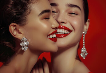 two smiling women wearing red lipstick and diamond earrings, one woman is whispering in the other's...