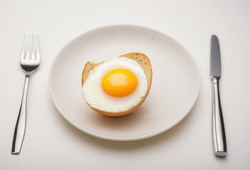 a white plate topped with a piece of bread and an egg