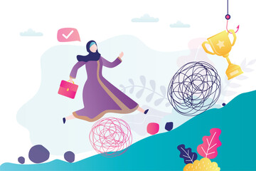 Confident arab woman runs up the hill. Muslim businesswoman overcomes various problems and psychological pressure. Rise to success. Career development.