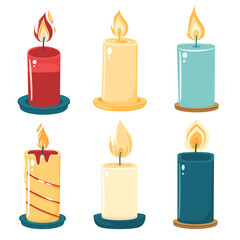 Six colorful candles lit, collection candles different colors, red, yellow, blue decorative elements. Set various colorful wax candles, lit flames, simple cartoon style, home decoration. Vector