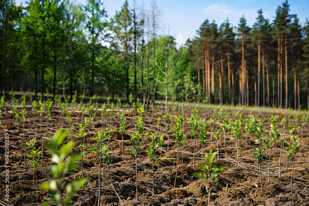 Poster saplings planted in a field with pine trees in the background
