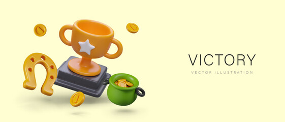 Concept of victory. Golden cup on stand, horseshoe, pot of coins