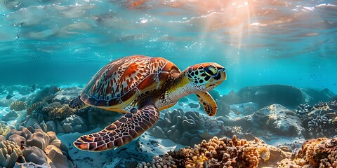Fototapeta premium Turtle swimming in the sea. 3d illustration. Underwater world.