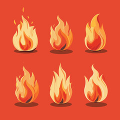 Six different cartoon flame designs orange red background. Animated individual flames varying shapes sizes, stylized fire illustrations. Graphic collection fire icons, vibrant warm colors against