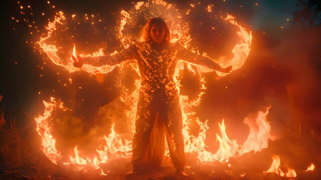 fire show, dancing with flame, male master fakir with fire works, performance outdoors, flame control man,generative ai