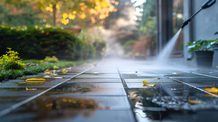 Revitalize terrace pavers with high-pressure washing. Imagine Terrace Restoration, Pressure Cleaning, Paver Renewal, Complete Clean, Outdoor Revamp