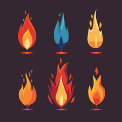 Six different stylized fire flames, colorful, vibrant, graphical. Flames range simplistic single flame complex, layered designs, against dark background. Varied hues traditional fiery orange red