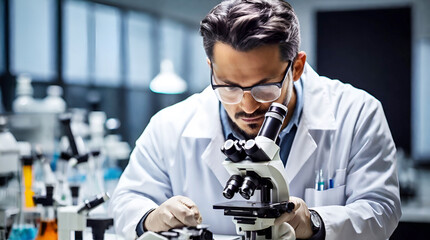 Scientist researcher using microscope in laboratory. Medical healthcare technology and pharmaceutical research and development concept.