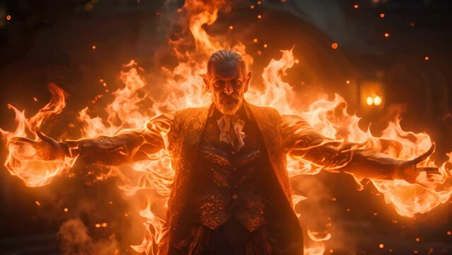fire show, dancing with flame, male master fakir with fire works, performance outdoors, flame control man,generative ai