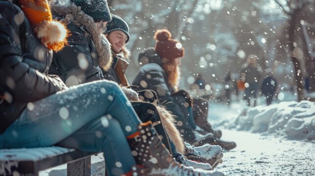 People on a park bench in winter, enjoying snowfall in cozy jackets, scarves, and hats as snowflakes gently fall around them on a peaceful day.