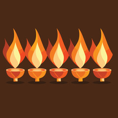 Row orange yellow flaming candles against dark background, festive atmosphere. Simplistic style bright flame design celebration religious event, warm colors. Festive decoration using candles create