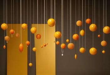 a group of oranges hanging from strings in a room