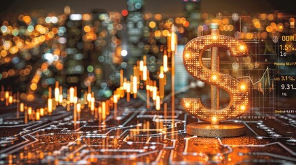 Minimalist rod pump lifting dollar sign, stock market graphs, oil barrels in green hues