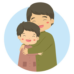 Muslim father hugging son. Happy Muslim family vector character