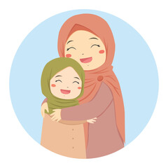 Muslim mother hugging daughter. Happy Muslim family vector character