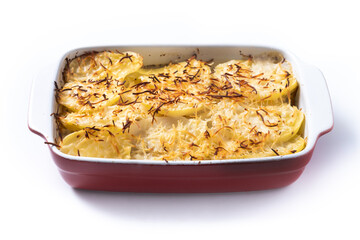 Potato gratin baked with cream and cheese isolated on white background