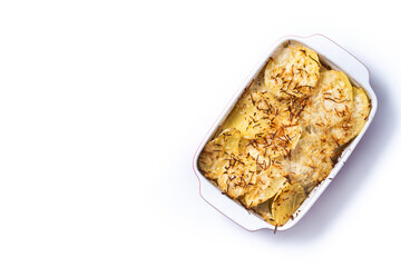 Potato gratin baked with cream and cheese isolated on white background. Top view. Copy space