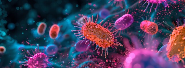 Microscopic view of colorful, vibrant bacteria under a microscope, showcasing intricate details and scientific beauty.