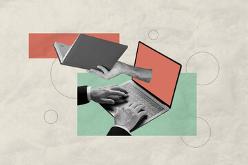 Composite photo collage of businessman hands type macbook peek arm hold planner notepad time...