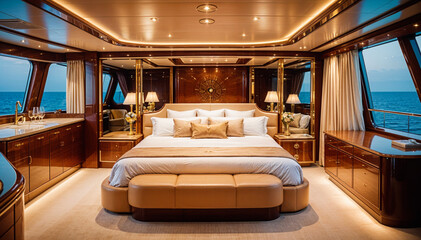  super luxury yacht bedroom interior, high detail, split gradient colors background
