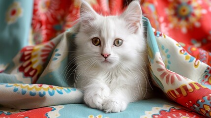 Surprised white cat peeking from hole in advertising banner with space for product placement