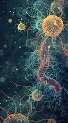 Fototapeta premium Abstract depiction of microscopic organisms with intricate patterns and vibrant colors, illustrating the beauty of cellular biology.