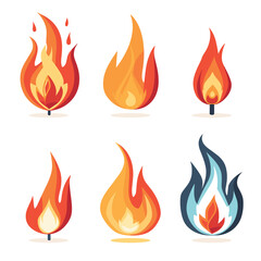 Set six colorful flame icons presented various shapes styles, flame graphic has different design, featuring combination red, orange, yellow blue hues. Flames appear lively, ideal representing fire