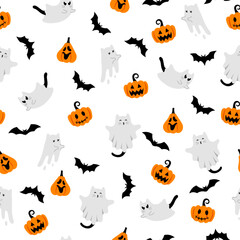 Cute halloween pattern with ghost cats, bats, pumpkins on white background. Vector flying Halloween characters, cartoon kittens spirit. Kawaii ghost print for fabric texture, greeting, wrapping paper