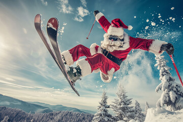 Santa Claus skiing down snowy slope. Capturing festive and adventurous spirit of Christmas. Ideal for holiday season promotions.
